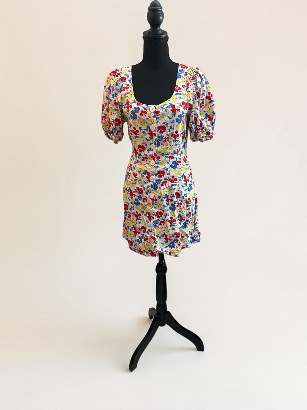 RIXO White Mini Dress with Red, Blue & Yellow Floral Print